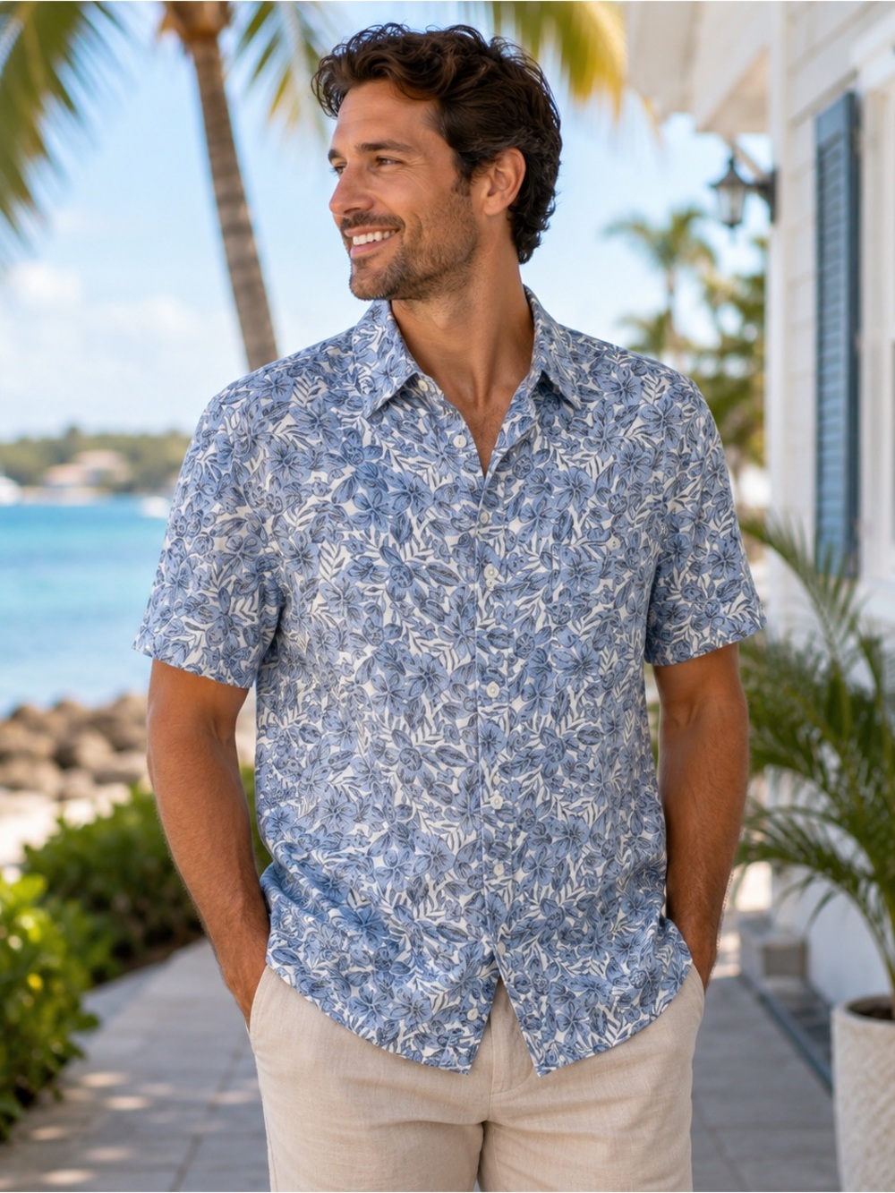 Caribbean Joe 100% Linen Hawaiian Tropical Floral Camp Shirt Blue White Men’s M